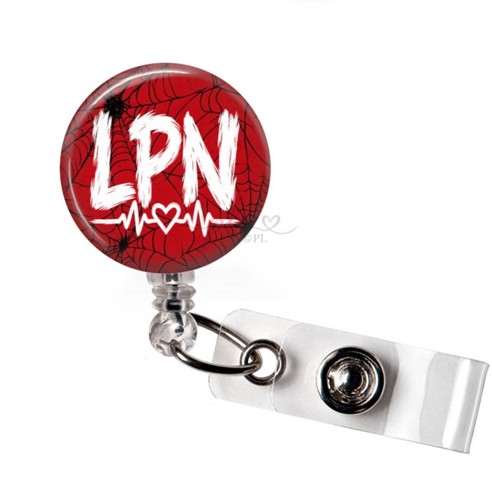 LPN Badge Reel Licensed Practical Nurse Halloween Spider Web Heartbeat ID Holder